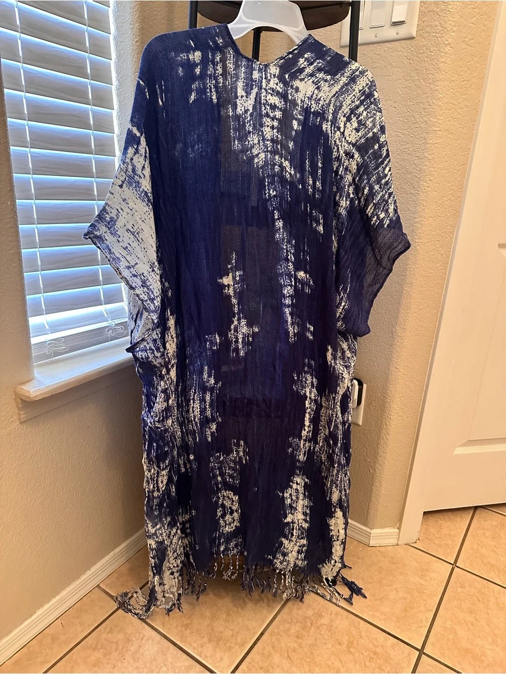lovestitch Navy and White Tie-Dye Fringe Kimono Cover